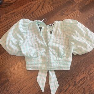 Zara Turquoise Textured Gingham Tie Top Puff Sleeve Open Back V Crop Top